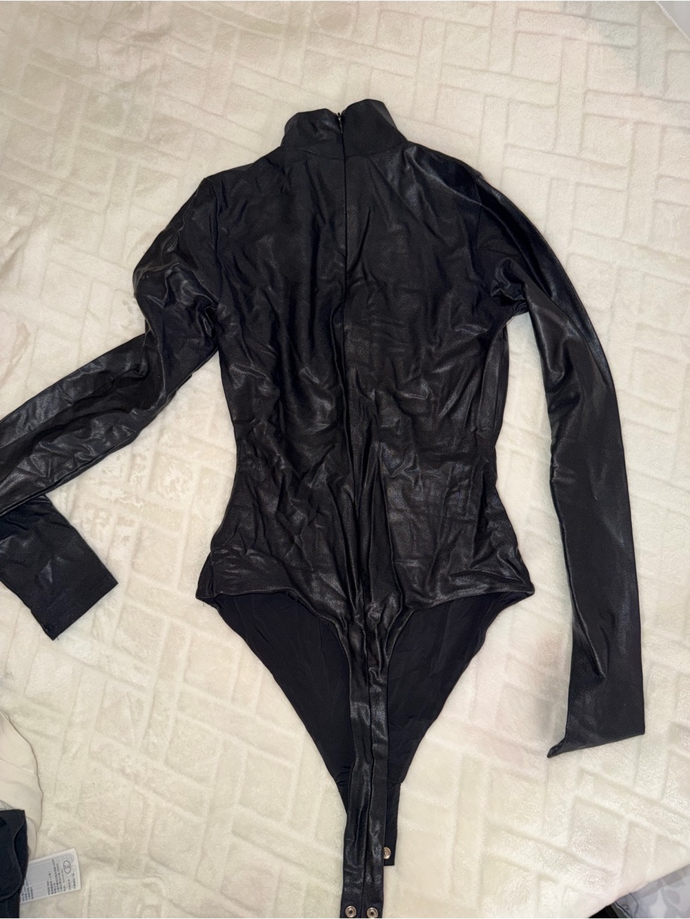 NAKED WARDROBE Black Shiny Mock Neck Long Sleeve Bodysuits - Picture 3 of 5